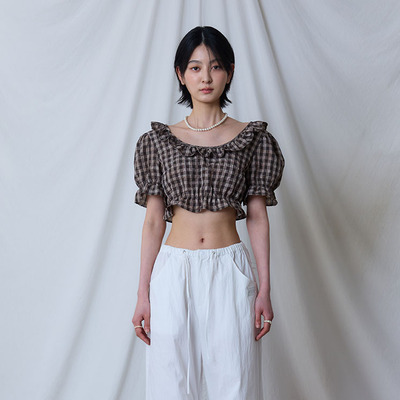 宋雨琦同款LARTIGENT 25夏季可爱泡泡袖短款衬衫甜辣露脐上衣韩代