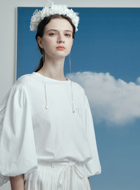 秒发ROMANCHIC21春夏新品蕾丝镂空时尚套装泡泡袖白T恤＋宽松短裤