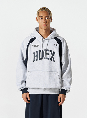 HDEX 25秋新品美式复古字母印花撞色拼接套头连帽卫衣韩国代购
