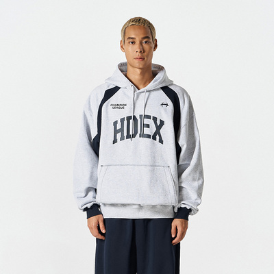 HDEX 25秋新品美式复古字母印花撞色拼接套头连帽卫衣韩国代购