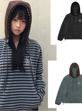 LUV IS TRUE 25冬季新款撞色条纹摇粒绒连帽卫衣韩国代购