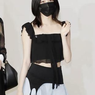 金秋天同款TAAE 24夏拼接吊袜扣设计感半身裙高腰百褶裙韩国代购