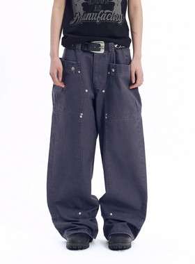 AAKAM 26春新品铆钉拼接设计棉质长裤日系复古阔腿休闲裤韩国代购