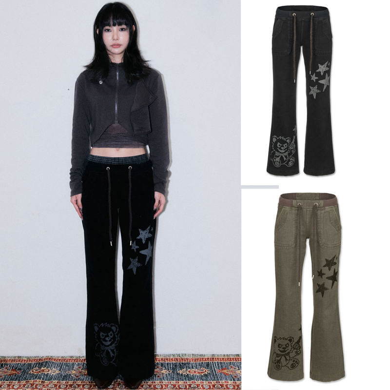 VISUAL COLLECTOR 25秋冬水洗微喇裤显瘦腰部抽绳休闲裤韩国代购