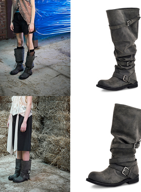 NEGATIVE THREE25秋新品复古水洗做旧灰色中长筒靴骑士靴韩国代购