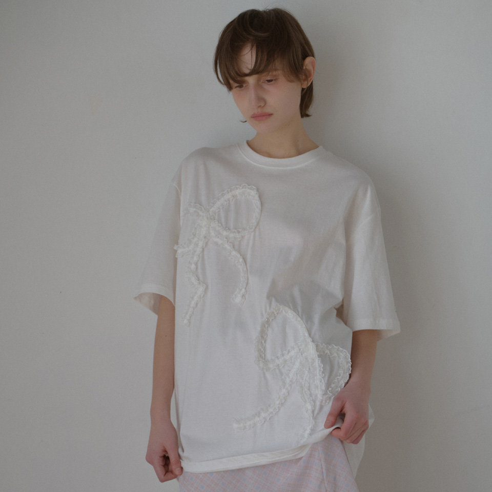 LETERIE 25春季新品宽松设计感蕾丝立体蝴蝶结短袖T恤韩国代购