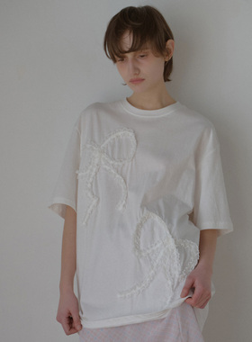 LETERIE 25春季新品宽松设计感蕾丝立体蝴蝶结短袖T恤韩国代购