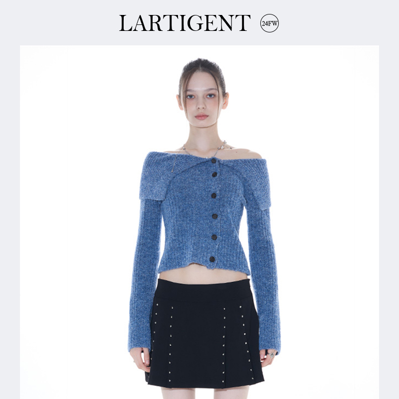 LARTIGENT 24冬季新品设计感一字肩大翻领针织衫修身上衣韩国代购