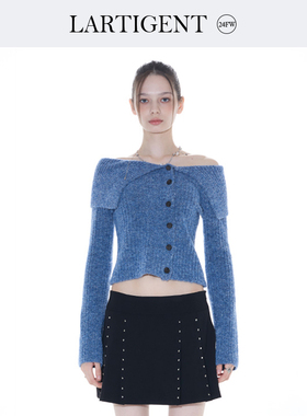 LARTIGENT 24冬季新品设计感一字肩大翻领针织衫修身上衣韩国代购