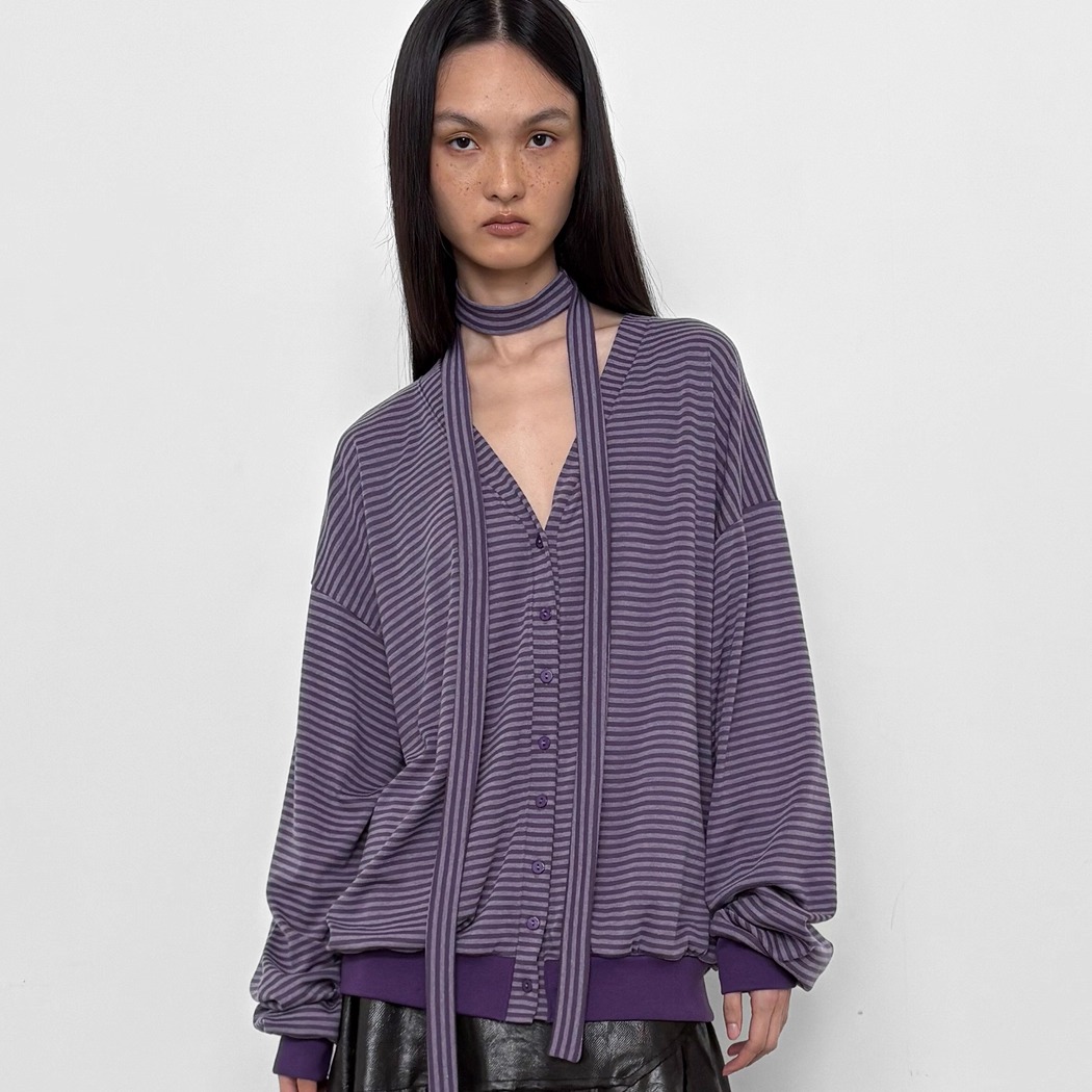 Polysooem 25冬新款条纹宽松V领开衫慵懒风韩版上衣韩国代购