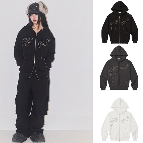 ILLIGO 25冬新款铆钉双拉链外套宽松连帽卫衣韩版帽衫韩国代购