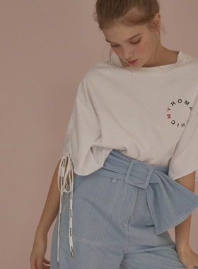 秒发MY ROMANCHIC 20春夏韩国代购蝴蝶结绑带宽松百搭五分袖T恤