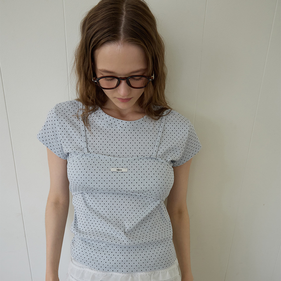 LETERIE 25夏季新品甜美纯欲风波点假两件短袖T恤韩国代购