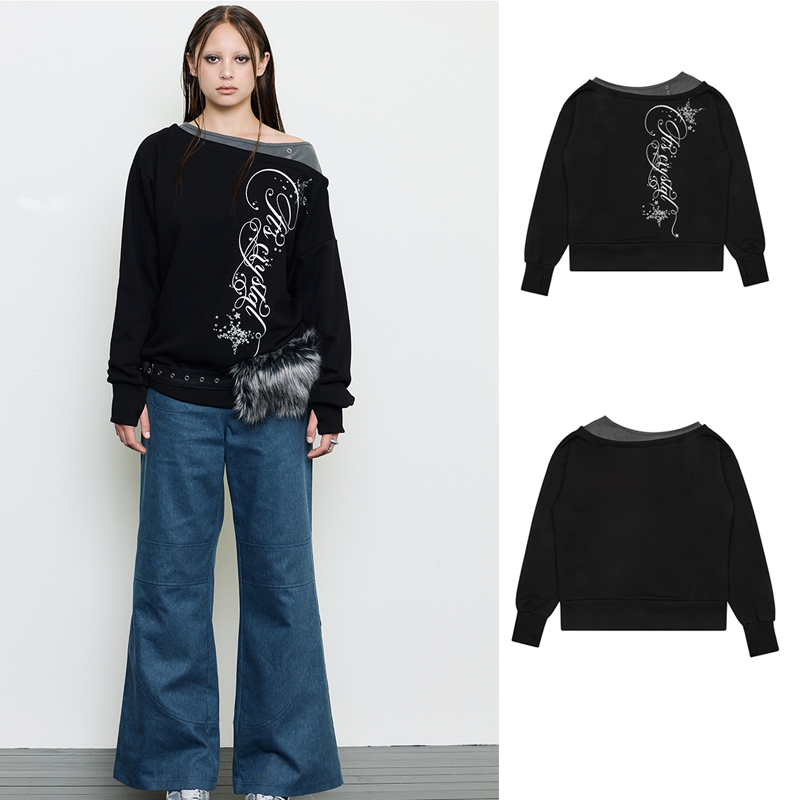 LUV IS TRUE 25冬季新款露肩拼接假两件长袖T恤上衣韩国代购