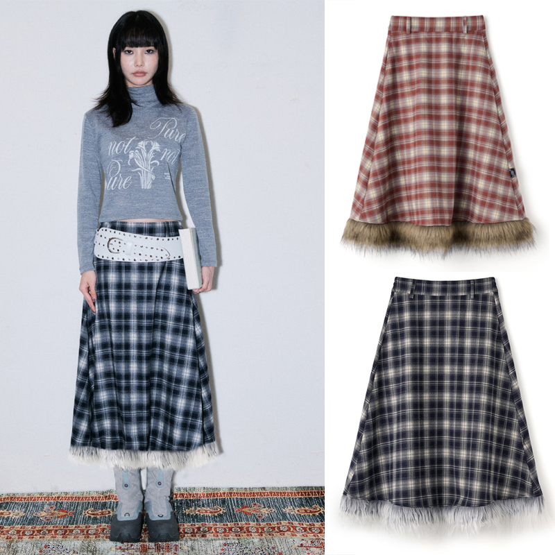 VISUAL COLLECTOR 25秋冬毛毛拼接半身裙复古格纹A字长裙韩国代购