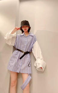 FAKEMAMA X RSHEMISTE 21春夏竖条纹拼接宽松长袖衬衫韩国代购