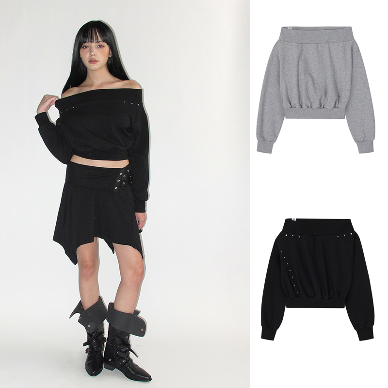 CRANK 25冬新款铆钉一字肩卫衣辣妹露肩长袖短款上衣韩国代购