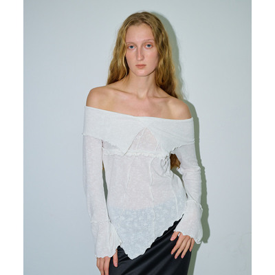 现货Polysooem 25秋法式复古一字肩毛衣休闲百搭针织衫韩国代购