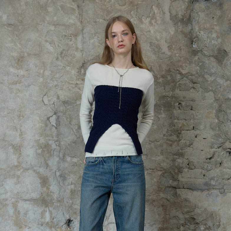 LARTIGENT 24秋季新品设计感开叉抹胸套装纯色修身针织衫韩国代购