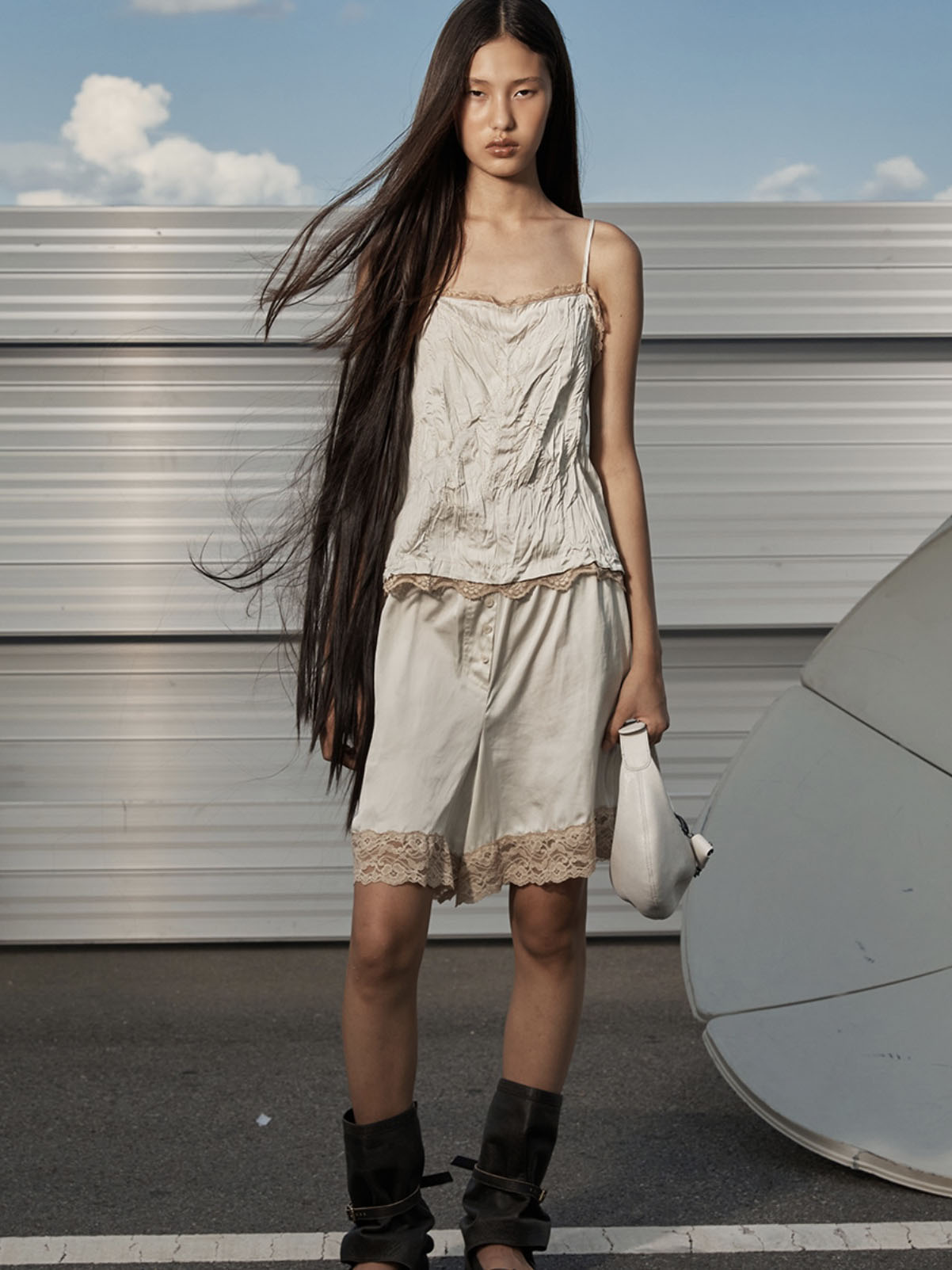 OPEN YY24春夏新款宽松褶皱蕾丝边吊带短裤套装慵懒休闲韩国代购