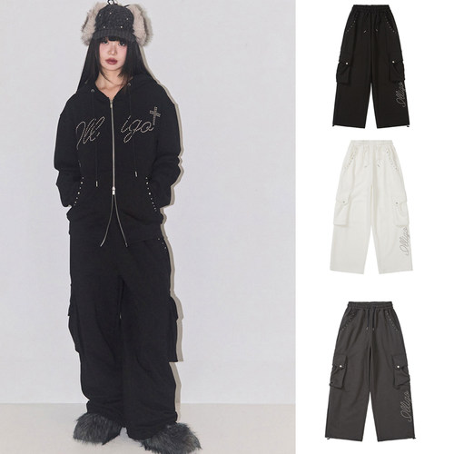 ILLIGO 25冬新款个性街头铆钉系带宽松运动休闲裤韩国代购