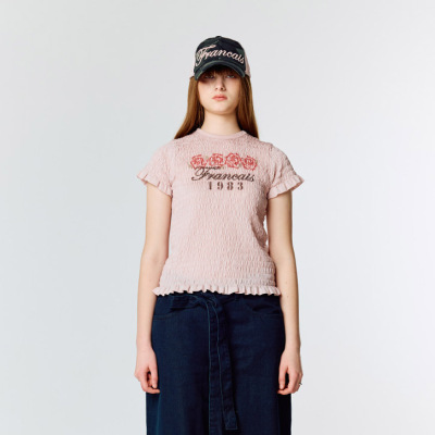 LARTIGENT 25春季新品修身褶皱肌理玫瑰印花短袖T恤韩国代购