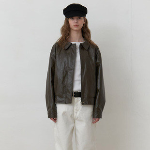 AMONG 25春季新款美式复古皮夹克上衣宽松百搭外套韩国代购