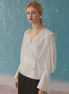 秒发ROMANCHIC 2020春夏韩国代购法式复古优雅V领修身长袖白衬衫