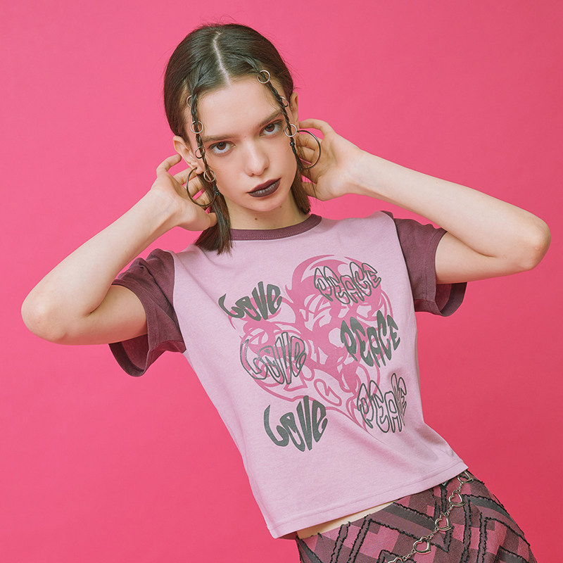 秒发crank 21夏季新品爱心logo印花圆领t恤拼色短款上衣韩国代购