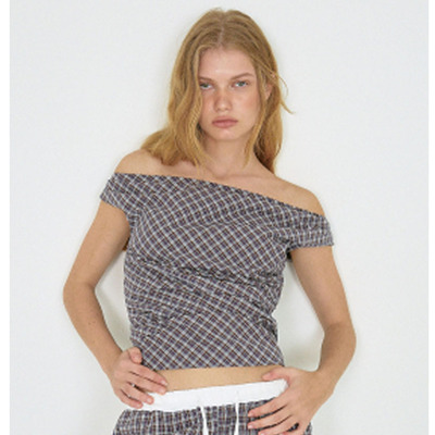 赵美延孙承完同款Polysooem 25夏季复古格纹一字肩上衣韩国代购