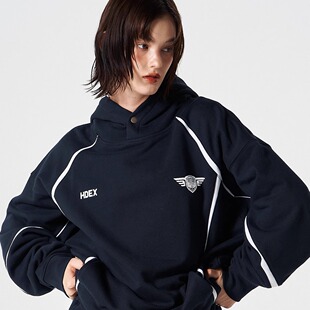 HDEX 25秋冬新款拼色连帽卫衣logo印花美式复古宽松帽衫韩国代购