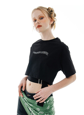 runningHIGH2022夏季T恤青春短袖T恤宽松圆领字母腰带韩国代购