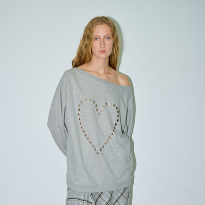 现货Polysooem 25秋宽松一字肩心型镂空卫衣休闲百搭上衣韩国代购