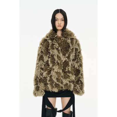 张元英同款 CERRIC 混色高级感仿皮草保暖外套韩国代购