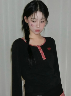 LUV IS TRUE 守护甜心联名25秋修身拼接格纹长袖T恤韩国代购