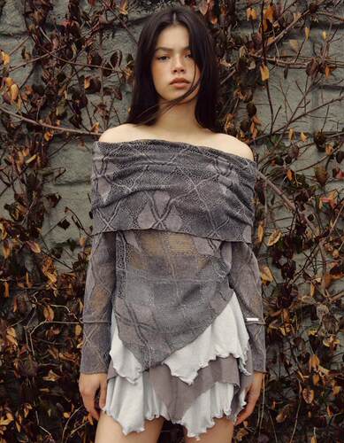 Polysooem蕾丝提花一字肩T恤