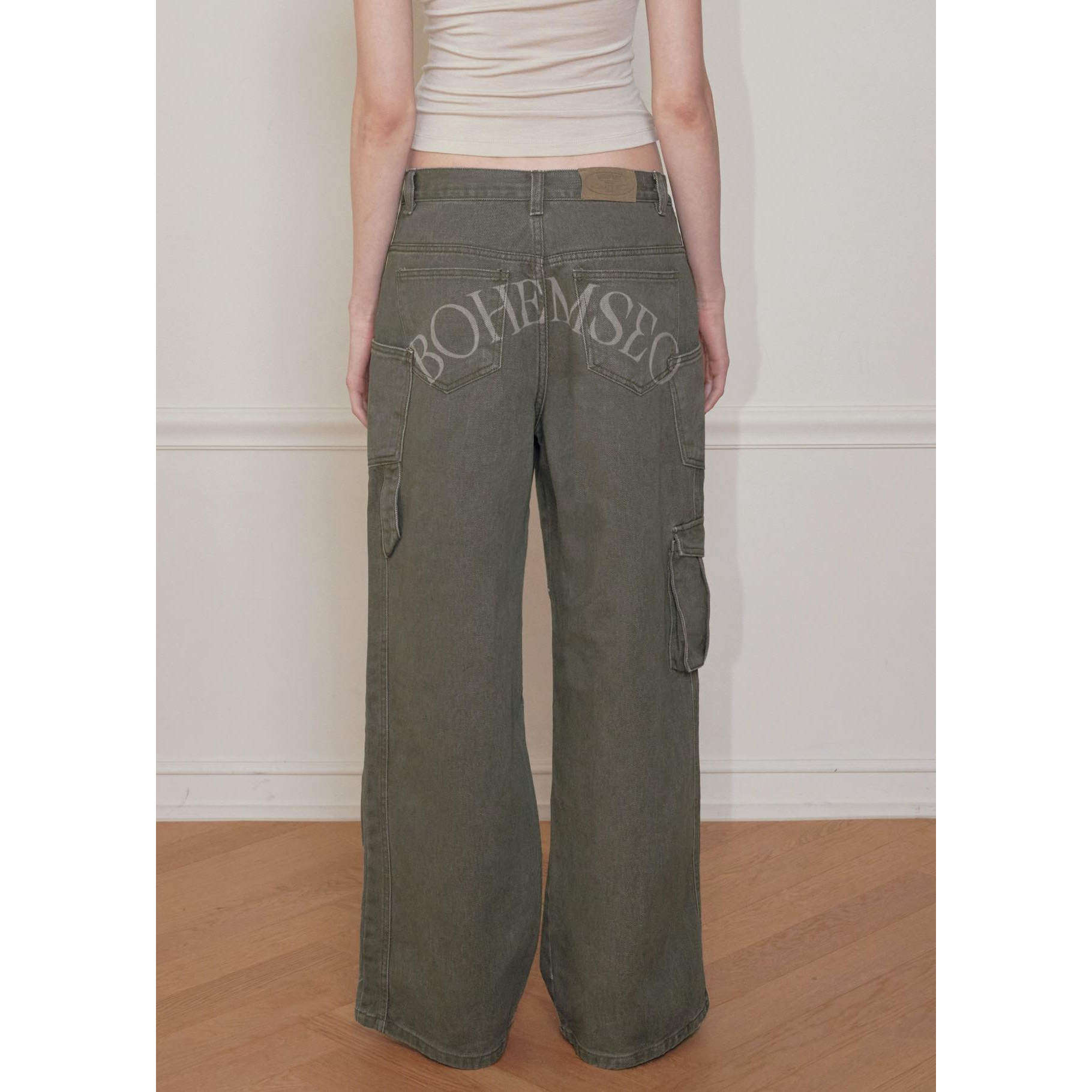 BOHEMSEO 26春新品激光logo阔腿工装裤复古水洗牛仔裤韩国代购