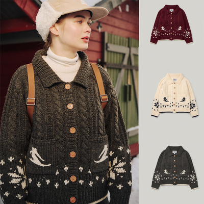FOLNUA 25冬新款节日氛围感提花毛衣外套复古翻领针织衫韩国代购