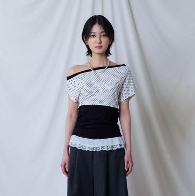 LARTIGENT 25夏季新品斜领露肩波点拼接收腰T恤短袖韩国代购