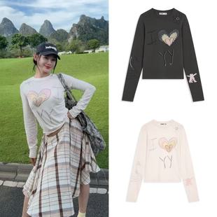 打底韩国代购 白现货OPEN T恤百搭休闲长袖 25冬串珠印花修身