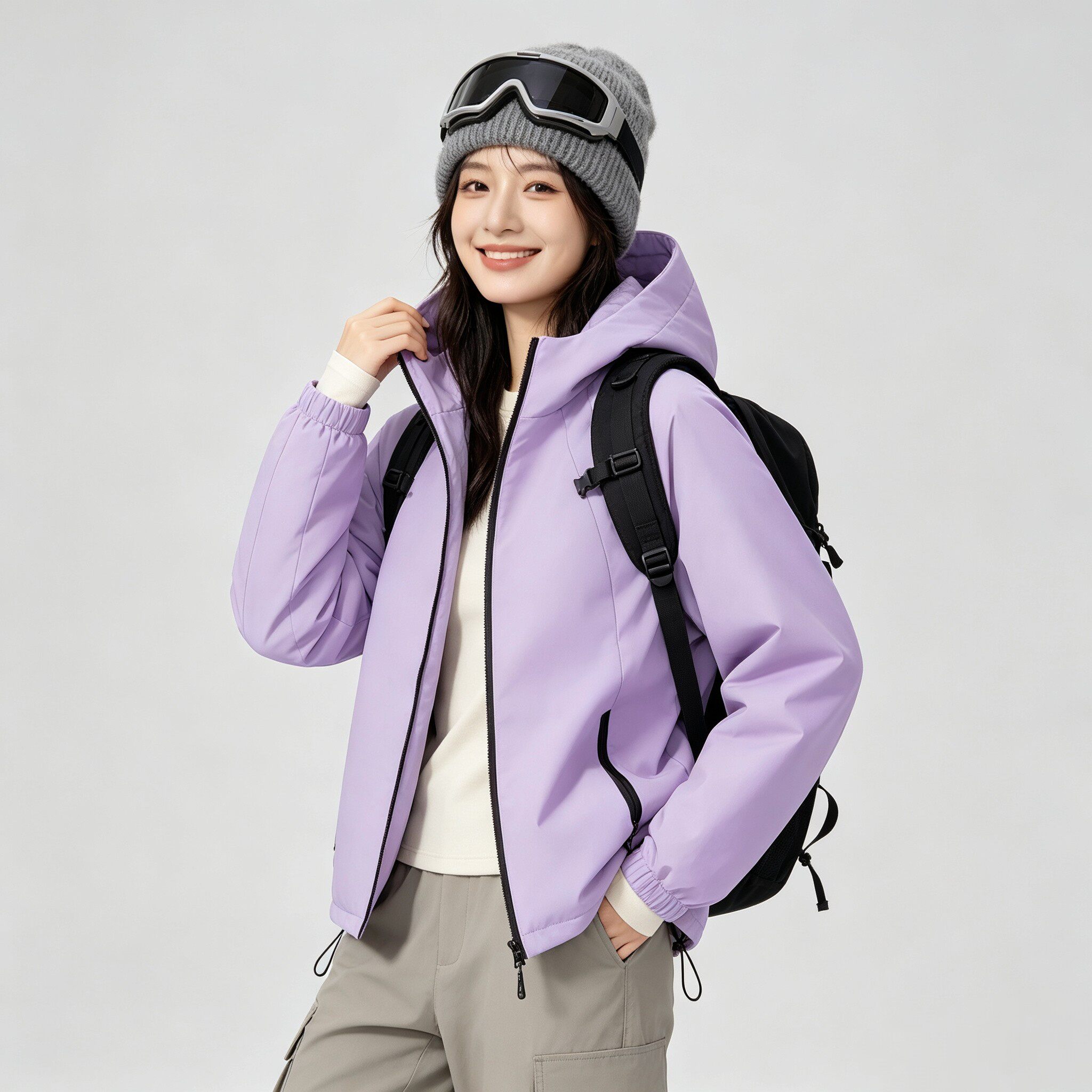 秋冬新款户外冲锋衣女防风防水登山服外套宽松连帽夹克上衣棉服