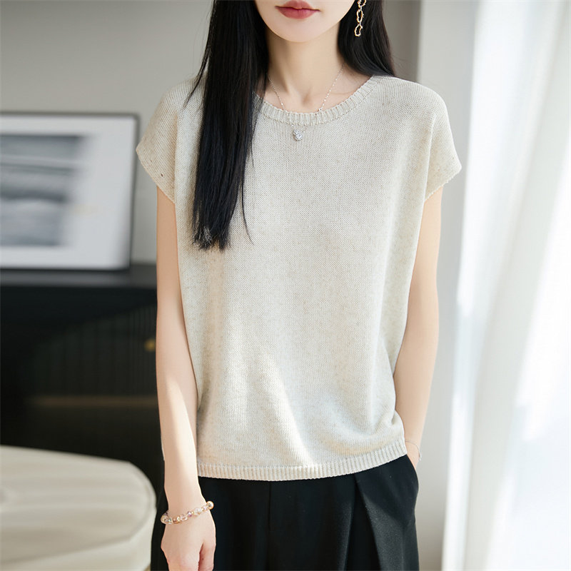 天丝亚麻夏凉感针织短袖t恤女夏季新款圆领宽松透气薄款上衣内搭