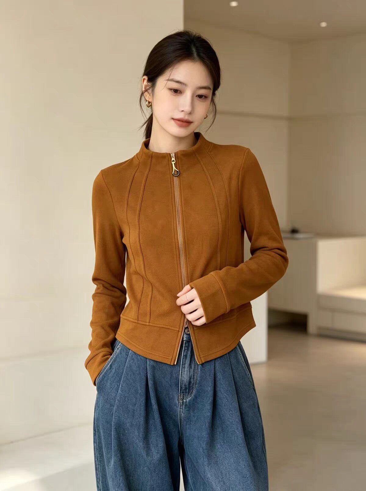 韩版立领双拉链卫衣女2026秋季修身显瘦高级感百搭洋气时尚上衣