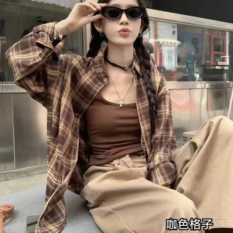 2026秋季新款韩版宽松休闲百搭格子长袖衬衫女设计感小众上衣外套