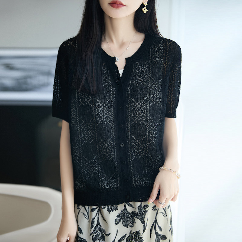 2026夏季新款镂空针织开衫女宽松显瘦百搭短袖上衣亚麻莱赛尔外搭