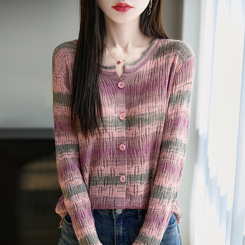彩虹条纹镂空针织开衫薄外套防晒衣女2026夏新款设计感洋气小衫潮