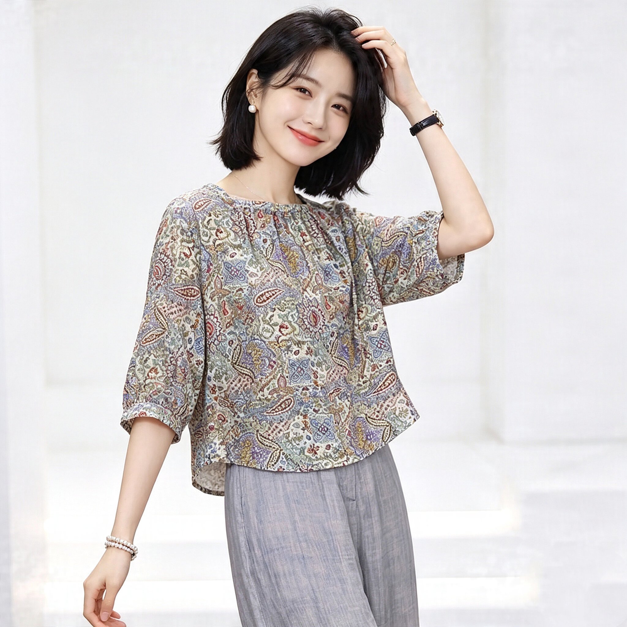 休闲风圆领七分袖天丝莱赛尔印花衬衫女夏季宽松显瘦小衫上衣外穿