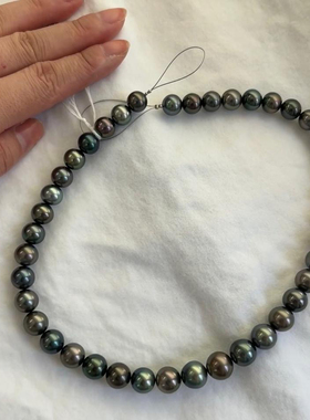 天然海水大溪地珍珠项链9-12mm圆形强光有瑕炫彩串链时尚