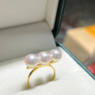 T家三珠平衡木戒指 天然海水淡水akoya 一条横杠纯银 刘亦菲戒指