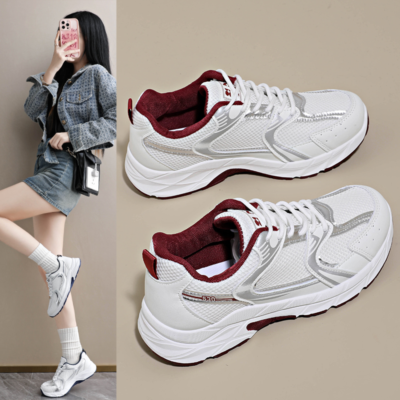 网面运动鞋女春秋2025新款韩版百搭圆头系带透气防滑增高厚底网鞋